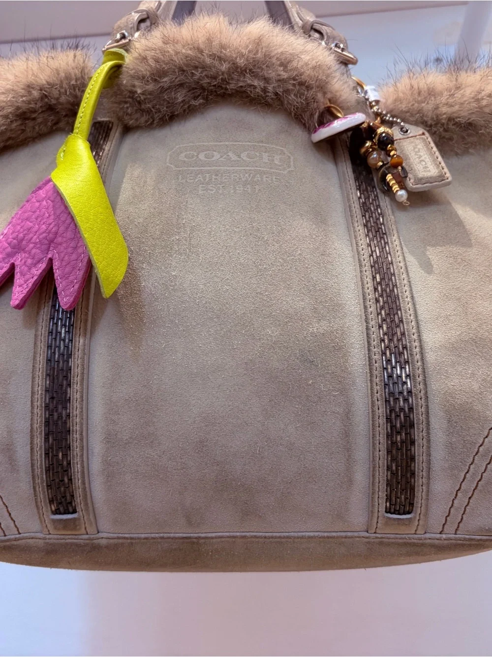 RARE Fox Fur Coach Beige Suede Fur-Trim Shoulder Bag with Pink & Lime Charm